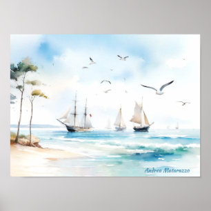 Sailboats in calm sea poster