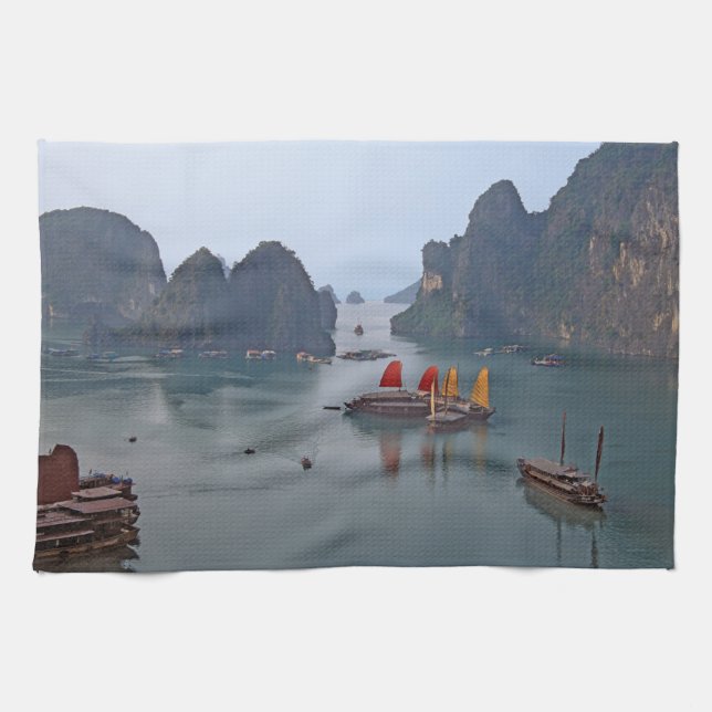 Sailboats in Ha Long Bay - Vietnam, Asia Kitchen Towel (Horizontal)