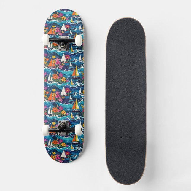 Sailboats in Ocean Waves Tropical Floral Skateboard (Front)