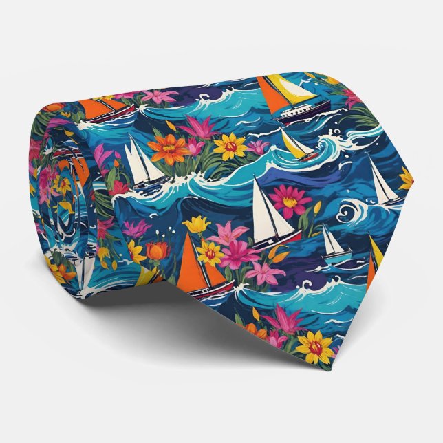 Sailboats in Ocean Waves Tropical Floral Tie (Rolled)