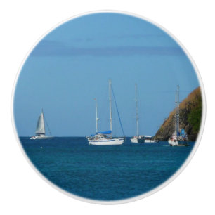 Sailboats in the Bay White and Blue Nautical Ceramic Knob