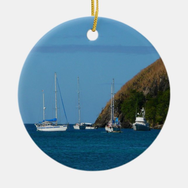 Sailboats in the Bay White and Blue Nautical Ceramic Ornament (Front)