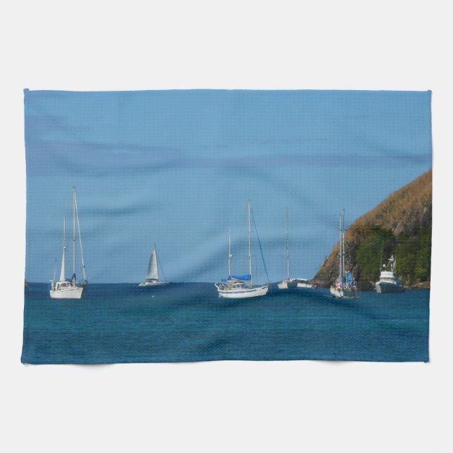 Sailboats in the Bay White and Blue Nautical Kitchen Towel (Horizontal)