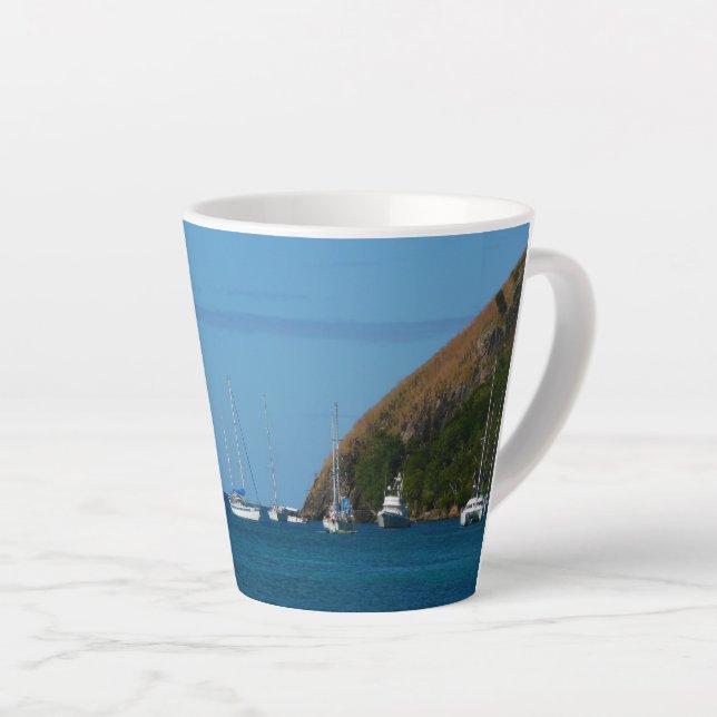 Sailboats in the Bay White and Blue Nautical Latte Mug (Right Angle)