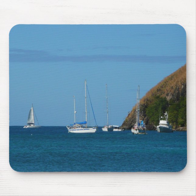 Sailboats in the Bay White and Blue Nautical Mouse Pad (Front)