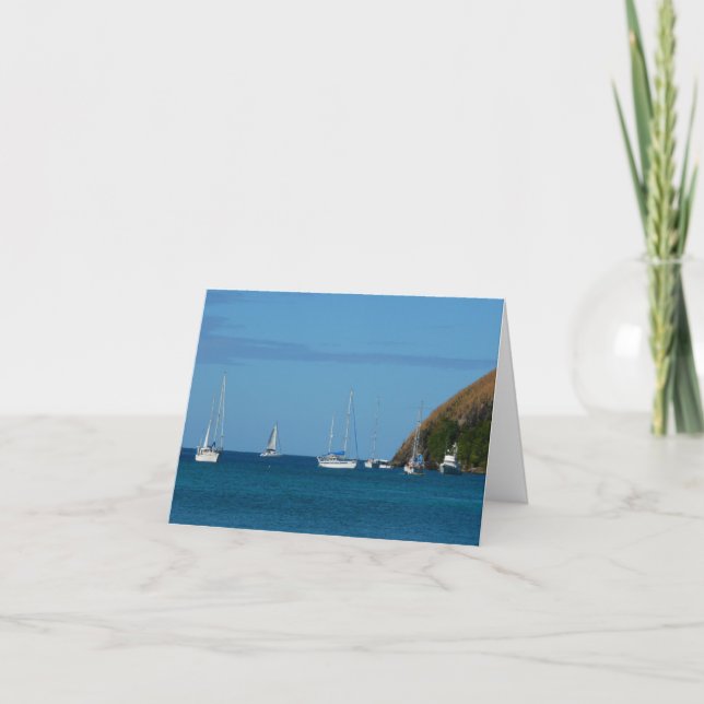 Sailboats in the Bay White and Blue Nautical Note Card (Front)