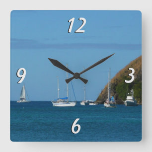 Sailboats in the Bay White and Blue Nautical Square Wall Clock
