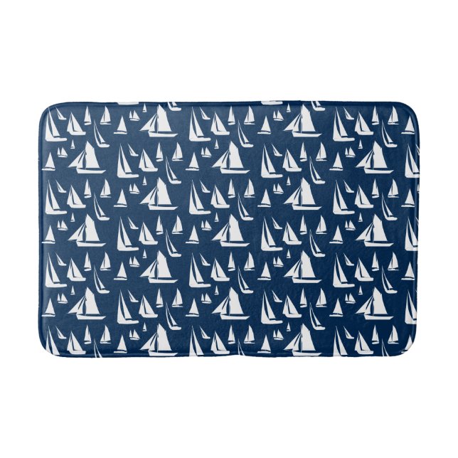 Sailboats Nautical Navy Blue Bath Mat (Front)