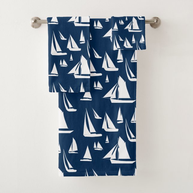 Sailboats Nautical Navy Blue Bath Towel Set (Insitu)