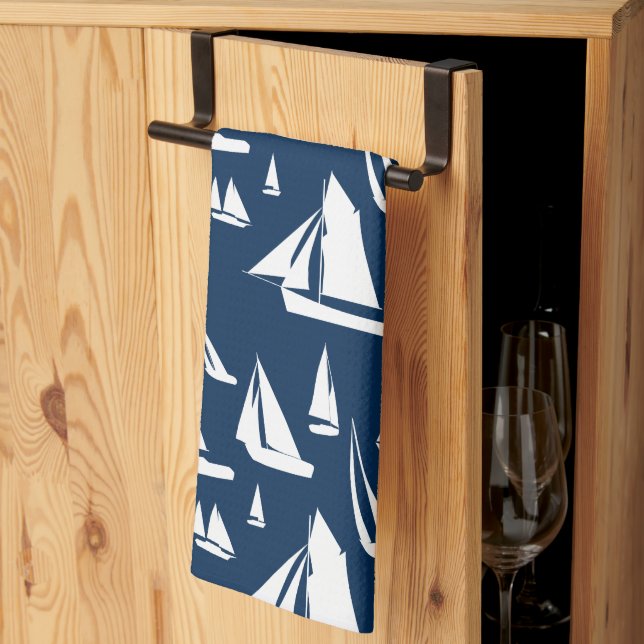 Sailboats Nautical Navy Blue Kitchen Towel (Thirds Fold)
