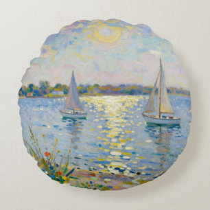 Sailboats New England Summer Round Pillow