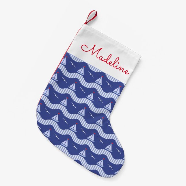 Sailboats On A Striped Sea Pattern | Add Your Name Small Christmas Stocking (Front (Hanging))