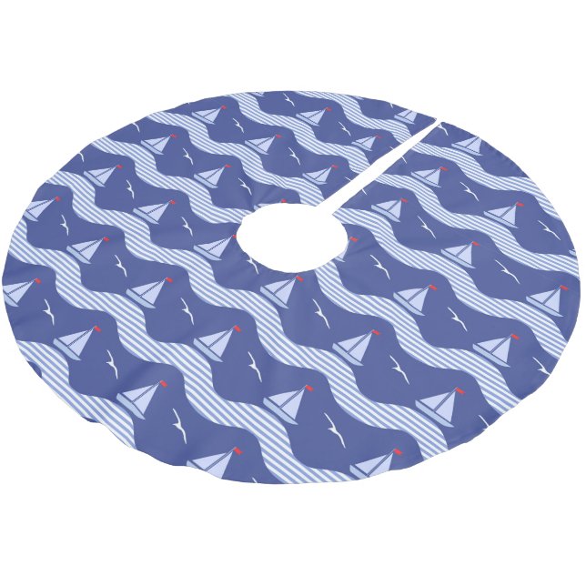 Sailboats On A Striped Sea Pattern Brushed Polyester Tree Skirt (Angled)