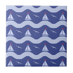 Sailboats On A Striped Sea Pattern Tile