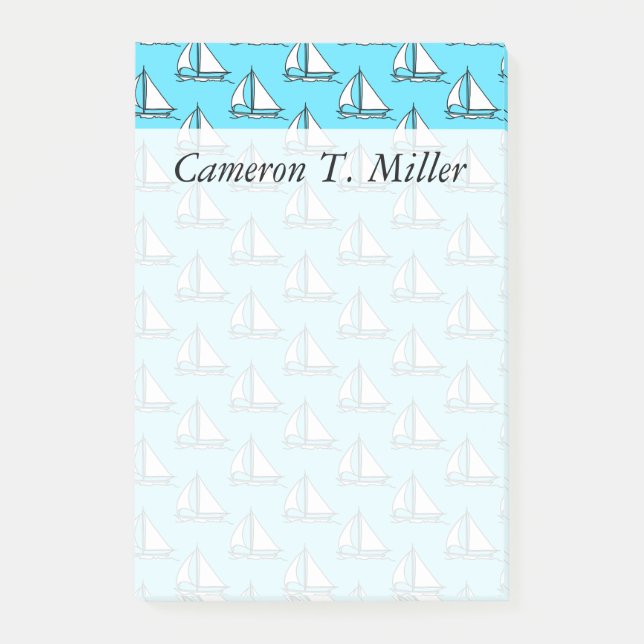 Sailboats On Blue Sea Pattern | Add Your Name Post-it Notes (Front)