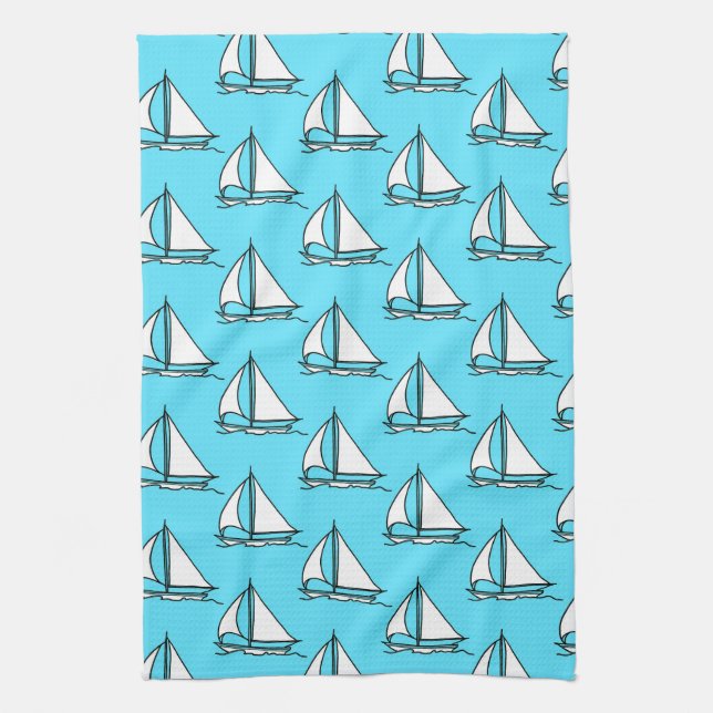 Sailboats On Blue Sea Pattern Kitchen Towel (Vertical)