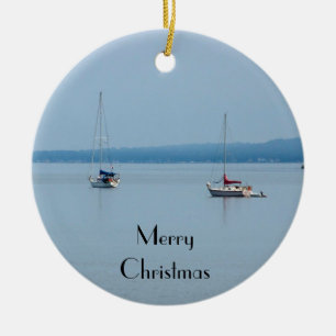 Sailboats on the river snowflake ceramic ornament
