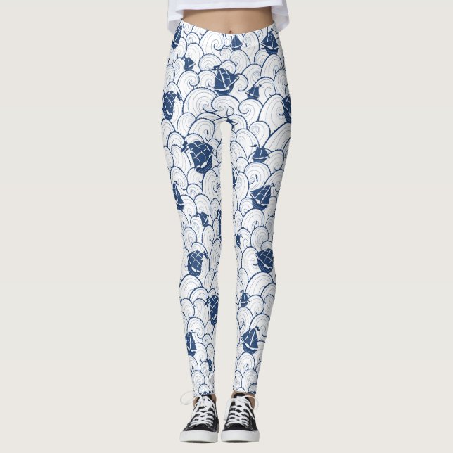 Sailboats On The Sea Pattern Leggings (Front)