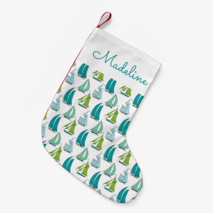 Sailboats On The Water Pattern Add Your Name Small Christmas Stocking