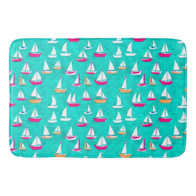 Sailboats Pattern Pink & Aqua Bath Mat (Front)