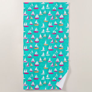 Sailboats Pattern Pink & Aqua Beach Towel