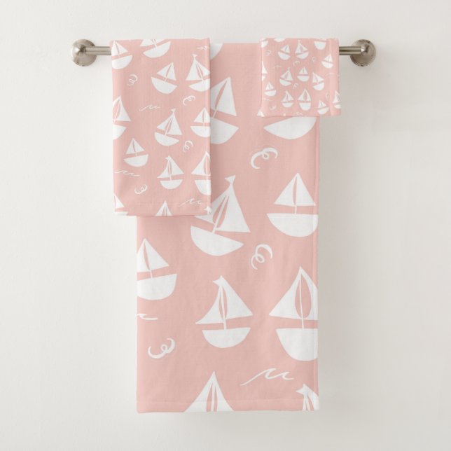 Sailboats Pattern Pink White Bath Towel Set (Insitu)