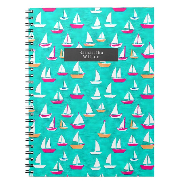 Sailboats Pattern Preppy Pink & Aqua Notebook (Front)