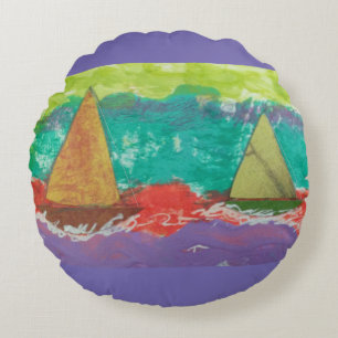 Sailboats Purple Water Round Pillow