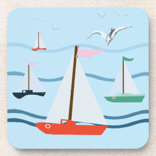 Sailboats, seagulls, ocean waves coaster