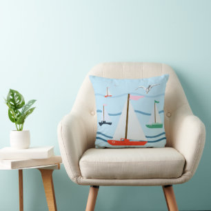 Sailboats, seagulls, ocean waves throw pillow