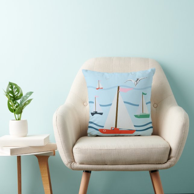 Sailboats, seagulls, ocean waves throw pillow (Chair)