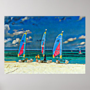 Sailboats Tropical Beach Colourful Catamaran  Poster