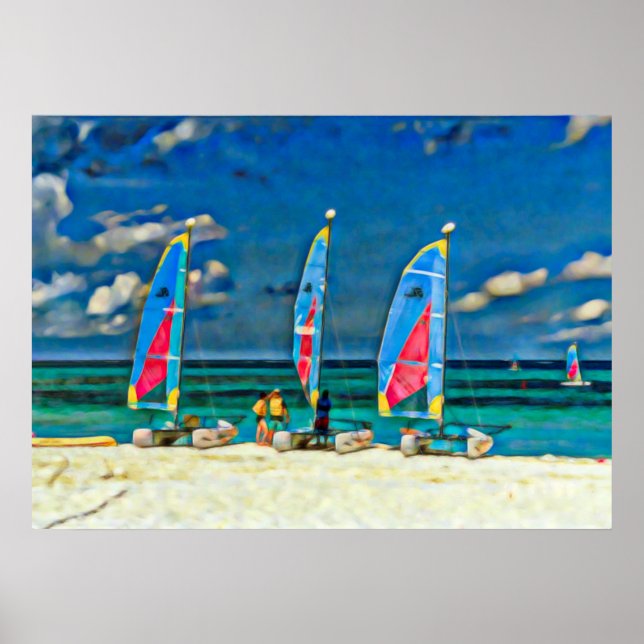 Sailboats Tropical Beach Colourful Catamaran  Poster (Front)