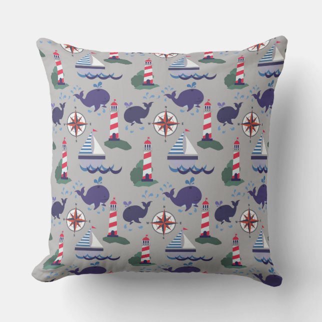 Sailboats, Whales and Lighthouses | Nautical Outdoor Pillow (Front)