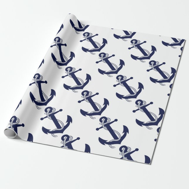 Sailing Anchor Navy Wrapping Paper (Unrolled)