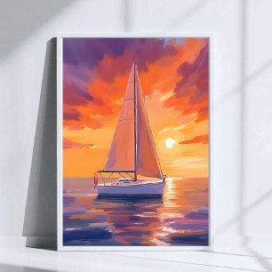 Sailing at Sunset   Coastal Ocean Painting Poster