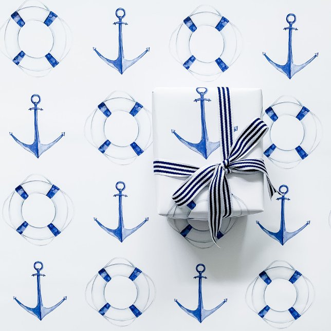 Sailing Blue Anchor and Life Ring Nautical Wrapping Paper Sheet (Sailing boat anchor and life buoy blue wrapping paper)
