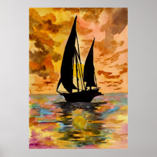 Sailing Boat and Ocean Sunset Poster