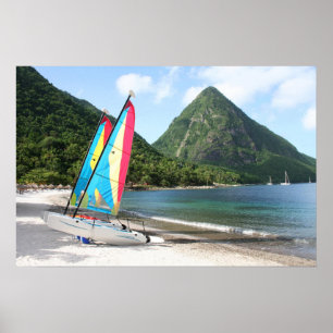 Sailing Boat and water sports equipment on a beach Poster