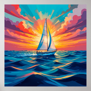 Sailing Boat at Sea During a Stunning Sunset Poster