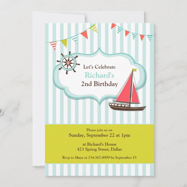 Sailing Boat Birthday Party Flat Invitation (Front)