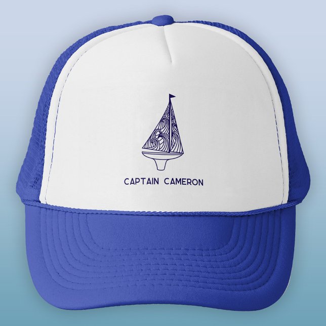 Sailing Boat Captain Personalized Trucker Hat (Sailing boat or yacht captain personalized custom text trucker hat)