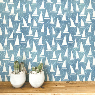 Sailing Boat Coastal Blue and White Wallpaper