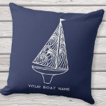 Sailing Boat Name Nautical Navy Blue Outdoor Pillow<br><div class="desc">Add your boat name to this modern blue and white sailing boat design.  Perfect for a boat,  lake or beach house or for anyone who loves sailing. Original art by Nic Squirrell.</div>