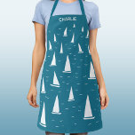 Sailing Boat Nautical Personalized Apron<br><div class="desc">Sail boats racing on a sparkling teal green sea.  A fun nautical design for anyone who enjoys sailing.  Original art by Nic Squirrell. Change the name to personalize.</div>