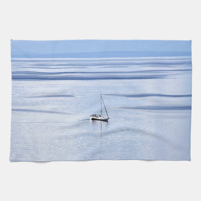 Sailing boat on sea, Nautical, blue water sky Kitchen Towel (Horizontal)
