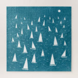 Sailing Boat Seascape Jigsaw Puzzle<br><div class="desc">A sailing boat race on a teal green ocean. Perfect for your favourite sailor, yacht racer, and regatta fan. Original nautical art by Nic Squirrell.</div>