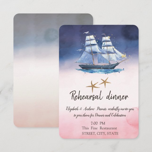 Sailing Boat Seastars Rehearsal Dinner  Invitation (Front/Back)