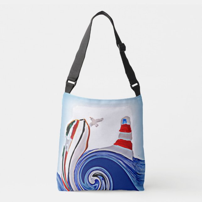 Sailing Boat Stormy Seas, Lighthouse Nautical Art Crossbody Bag (Front)