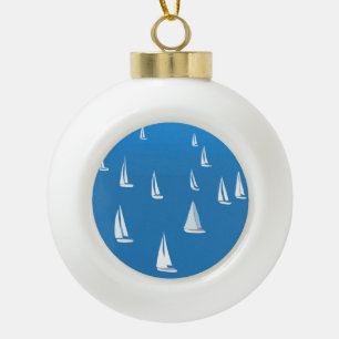 Sailing Boats in deep blue Sea - Regatta Sailboats Ceramic Ball Christmas Ornament